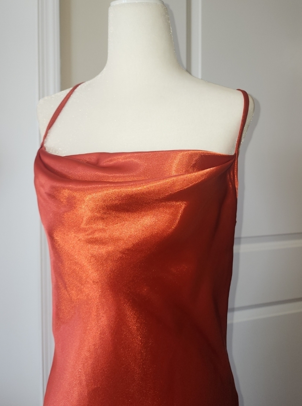 Satin Cowl Neck Slip Dress in Shimmering Red-Orange